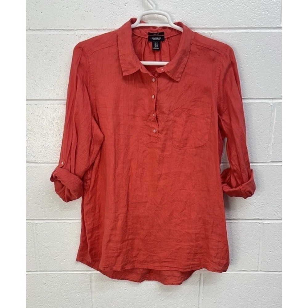 Jones & Co New York Womens Plus 1X Orange 100% Linen Shirt Button Down Tunic
